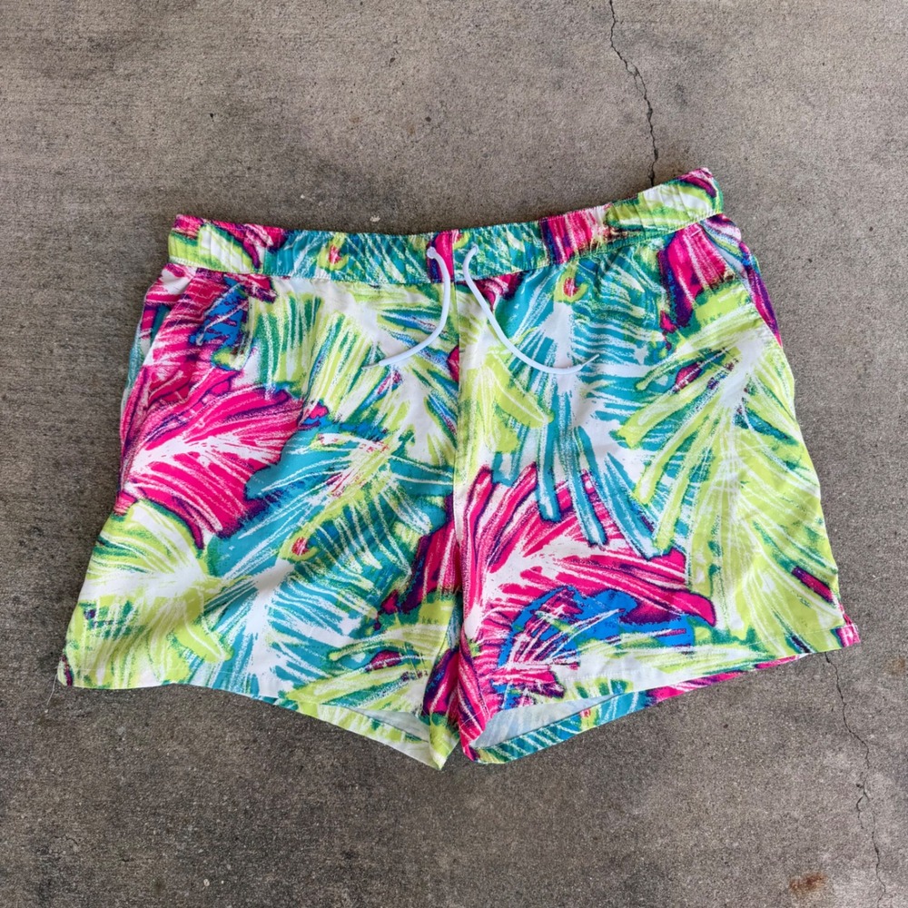 Reel Legends Mens Tropical Palm Print Swim Trunks Pink Green Blue Large 5 Inseam